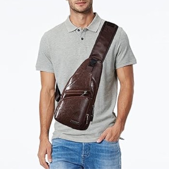 Men's Leather Sling Bag Messenger Bag Chest Crossbody Shoulder Bag Small - Picture 4 of 5